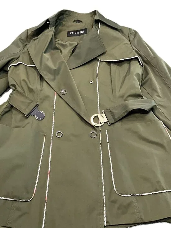 Guess Belted Trench Jacket Olive Green Cotton Blend Size M - Picture 7 of 13